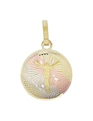 14k Yellow Gold Rose & White Accents, Christ Jesus Crucifixion Religious Pendant Round Charm Sparkly Cuts