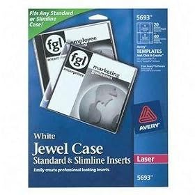 Avery 5693 CD/DVD White Matte Jewel Case Inserts for Laser Printers, 20/pack