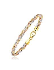 14K Tri-Tone Gold Braided Design Multi Strand Mirror Spring Bracelet