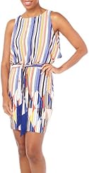Sleeveless Striped Print Polyester/Spandex Sheath Belted Round Neck  Dress