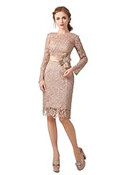 Jeweled Crystal Lace Long Sleeves Knee Length Short Mother-of-the-Bride Dress/Wedding Dress  With a Sash 
