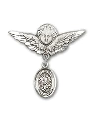 Sterling Silver Baby Badge with St. George Charm and Angel with Wings Badge Pin