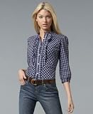 Tommy Hilfiger Pintucked Plaid Collarless Blouse