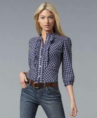 Tommy Hilfiger Pintucked Plaid Collarless Blouse