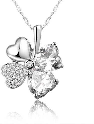 Royar Beauty 18K White Gold Plated Four Leaf Clover Pendant Necklace Heart-shaped Swarovski Elements Crystal(16"+2"Extender)