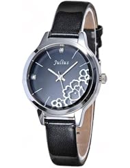 (JULIUS) Genuine Leather Band Quartz Watch Wrist Analog Watch Timepiece Wristwatch with Rhinestones for Woman - Black SWWT1-272156