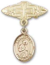 14K Gold Baby Badge with St. Isaac Jogues Charm and Badge Pin with Cross