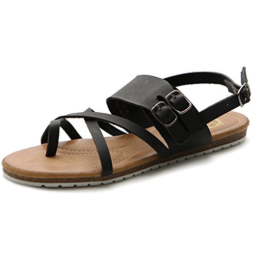 Ollio Women's Shoe Side Buckle Gladiator Strap Zip Closure Flat Zori Sandal