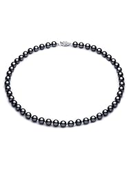 PremiumPearl 6.5-7mm Black Freshwater Pearl Necklace AA+ Quality with Sterling Silver Clasp
