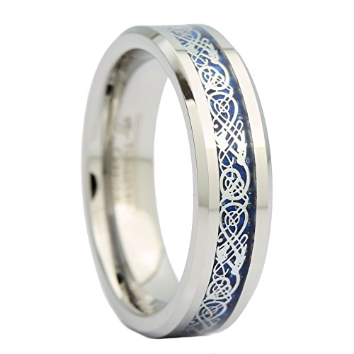 6mm Blue Celtic Dragon Unisex Tungsten Carbide Ring Wedding Band By MJ