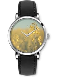 SPRAWL Aanalog Fashion Series Silver Ladies Watches of Genuine Black Leather Strap,Unique Wrist Watch for Women Girls Designed with daisy flowers