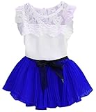 (コ-ランド) Co-land 子供服 キッズトップス プリーツスカート 上下2点セット 半袖シャツ 白 女の子 ワンピース ガールズドレス フリル ベビー 夏着 サファイア色 130cm