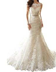 Beaded Lace-Up Mermaid Wedding Dress  With a Sash 