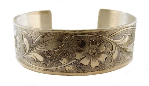 Victorian Style Sterling Silver Floral Engraved Cuff Bracelet