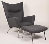 Hans J Wegner Style Wing Chair & Ottoman, Charcoal Tweed Danish Wool
