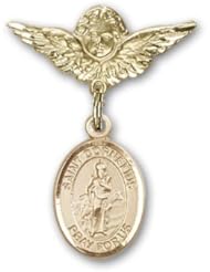14K Gold Baby Badge with St. Cornelius Charm and Angel with Wings Badge Pin