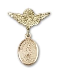 Gold Filled Baby Badge with St. Cornelius Charm and Angel with Wings Badge Pin