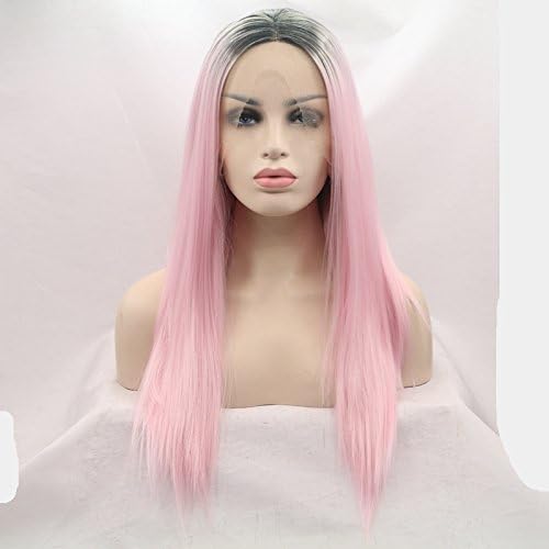 kylie Jenner synthetic lace front wig with heat resistant fiber for women pink dark root straight long hair