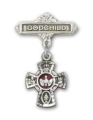 Sterling Silver Baby Badge with Red 5-Way Charm and Godchild Badge Pin