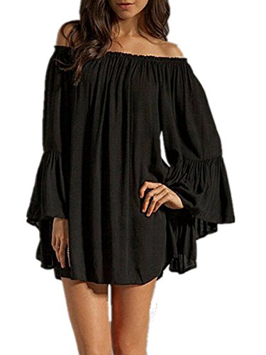 ZANZEA Women's Sexy Off Shoulder Chiffon Boho Ruffle Sleeve Blouse Mini Dress Black M