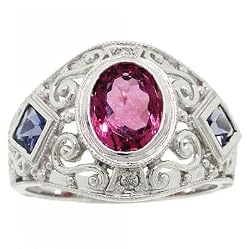14KT White Gold Filigree Ring Tourmaline Iolite Diamond