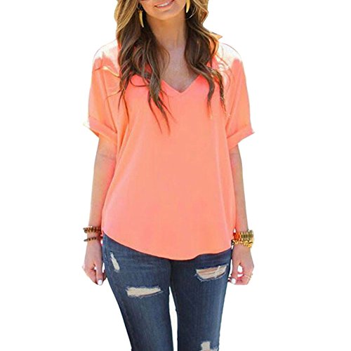 FUNOC® Women's Chiffon Short Sleeve Shirt Sexy V Neck Loose Tops Blouse T-Shirt