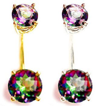 14K Gold Belly Ring Double Mystic Topaz