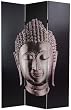 Buddhist Spiritual Asian Art Print Room Divider - 6ft. Silver Buddha Head Sculpture on Black Folding Floor Screen
