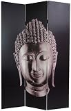 Buddhist Spiritual Asian Art Print Room Divider - 6ft. Silver Buddha Head Sculpture on Black Folding Floor Screen