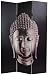 Buddhist Spiritual Asian Art Print Room Divider - 6ft. Silver Buddha Head Sculpture on Black Folding Floor Screen