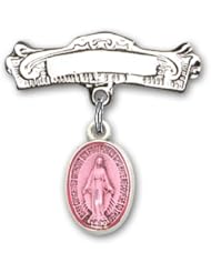 Sterling Silver Baby Badge with Pink Miraculous Charm and Arched Polished Badge Pin