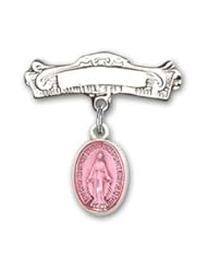 Sterling Silver Baby Badge with Pink Miraculous Charm and Arched Polished Badge Pin