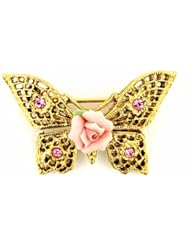 Porcelain Rose Butterfly Pin Gold Plated