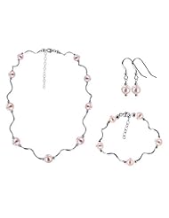 Sterling Silver Light Rose Imitation Pearl Bracelet Earrings with Necklace Jewelry Set Made with Swarovski Elements