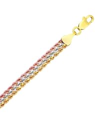 10K Yellow White And Rose Gold 7.50" Polish Diamond Cut Tri-Color Rope Fancy Ladies Bracelet With Lobster Clasp