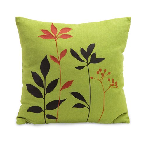 16 Square Lime Green Throw Pillow with Brown and Orange Botanical Stitching