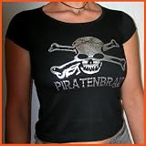 Girlie T-Shirt mit silbernem Totenkopf Motiv Piratenbraut, schwarz, S, 36-38, 1250
