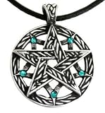 Pewter Pentagram Pagan Pendant w/5 Swarovski Crystal Blue Topaz December Birthstones, Leather Necklace