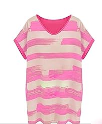 Round Neck Chiffon Shift Short Sleeves Elbow Length Sleeves Summer Striped Print  Dress