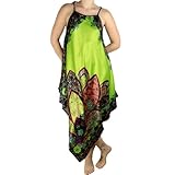 Women's Funky Floral Chemise Gown - Silky Satin - Adjustable Spaghetti Straps - Lime Green With Black Trim - One Size Fits Most