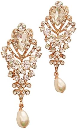 Olini Handmade Rose Gold Rhinestone and Swarovski Pearls Bridal Earrings, Ariana Collection (White Pearls)