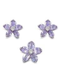 Sterling Silver Plumeria Nature Flower Pendant and Earrings Jewelry Set with Lavender and Clear CZ
