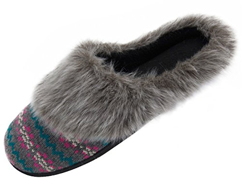 HomeTop Women's Faux Cashmere Knitted & Faux Fur Lined Slip-On Memory Foam Clog Slippers Indoor/Outdoor