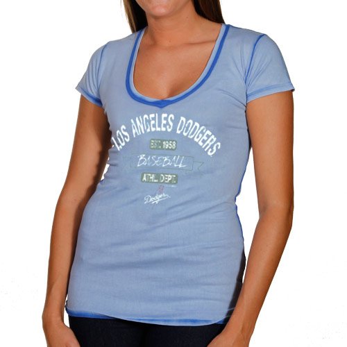 L.A. Dodgers Ladies Seam Wash Premium V-neck T-Shirt - Royal Blue (Large)