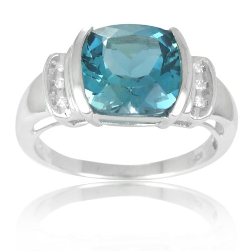Sterling Silver Cushion Cut London Blue Topaz and Diamond Ring, Size 8