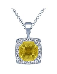 14K White Gold Cushion Cut Yellow Sapphire And Round Diamond Pendant