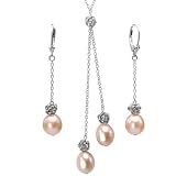 Peach Pink Isabella Cultured Pearl Drop Rose Lariat and Dangle Earrings Set in Platinum Overlay CAREFREE Sterling Silver