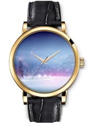 SPRAWL Aanalog Fashion Series Gold Ladies Watches of Genuine Black Leather Strap,Unique Wrist Watch for Women Girls Designed with Pine trees in the snow