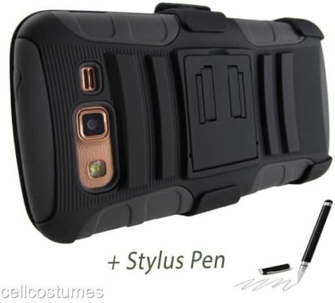 Black & Gray Heavy Duty Rugged Armor Hybrid Case Cover w/ Belt Clip Holster for Samsung Galaxy Grand 2 G7102/G7105 + Stylus Pen [In CellCostumes Retail Packaging]