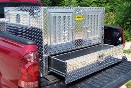 Two Door Diamond Tread Aluminum Compact Truck Dog Box w/Bottom Drawer Storage-Model 1